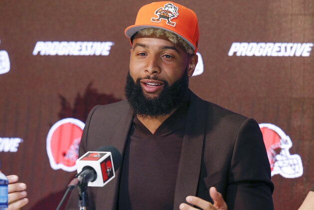 In this April 1, 2019 photo Cleveland Browns' Odell Beckham answers questions during a news conference in Berea, Ohio. Browns coach Freddie Kitchens says he’s not upset with star receiver Odell Beckham’s absence from the team’s voluntary offseason workout program. (AP Photo/Ron Schwane)