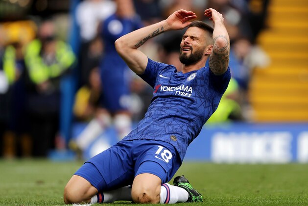 LONDON, ENGLAND - MAY 05:  Olivier Giroud of Chelsea reacts during the Premier League match between Chelsea FC and Watford FC at Stamford Bridge on May 05, 2019 in London, United Kingdom. (Photo by Richard Heathcote/Getty Images)