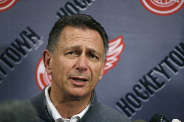FILE - In this Wednesday, May 20, 2015, file photo, Detroit Red Wings General Manager Ken Holland addresses the media in Detroit to discuss the head coaching vacancy as coach Mike Babcock will now be the new head hockey coach with the Toronto Maple Leafs. Goal-scoring is slipping once again in the NHL. Holland said the decline in scoring is tied to an uptick in competitive balance. (AP Photo/Carlos Osorio, File)