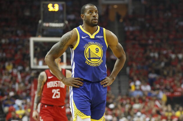 HOUSTON, TX - MAY 04:  Andre Iguodala #9 of the Golden State Warriors reacts after a foul in the first quarter during Game Three of the Second Round of the 2019 NBA Western Conference Playoffs against the Houston Rockets at Toyota Center on May 4, 2019 in Houston, Texas.  NOTE TO USER: User expressly acknowledges and agrees that, by downloading and or using this photograph, User is consenting to the terms and conditions of the Getty Images License Agreement.  (Photo by Tim Warner/Getty Images)