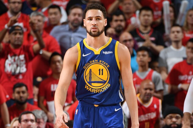 HOUSTON, TX - MAY 4: Klay Thompson #11 of the Golden State Warriors looks on against the Houston Rockets during Game Three of the Western Conference Semifinals of the 2019 NBA Playoffs on May 4, 2019 at the Toyota Center in Houston, Texas. NOTE TO USER: User expressly acknowledges and agrees that, by downloading and/or using this photograph, user is consenting to the terms and conditions of the Getty Images License Agreement. Mandatory Copyright Notice: Copyright 2019 NBAE (Photo by Andrew D. Bernstein/NBAE via Getty Images)