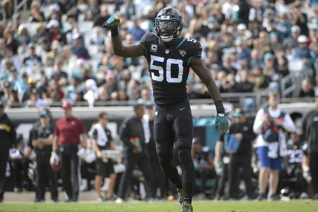 Jacksonville Jaguars outside linebacker Telvin Smith celebrates a big play against the Washington Redskins during the first half of an NFL football game, Sunday, Dec. 16, 2018, in Jacksonville, Fla. (AP Photo/Phelan M. Ebenhack)