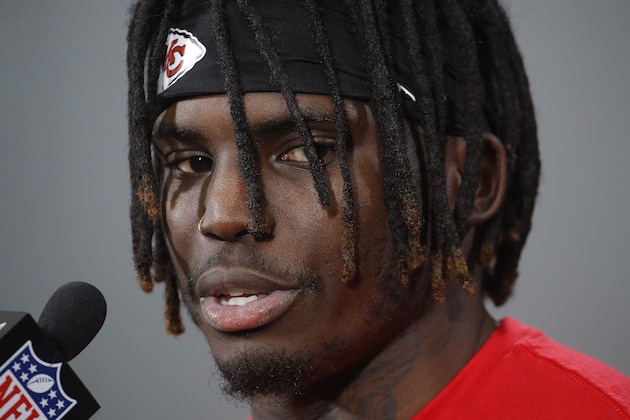 Kansas City Chiefs wide receiver Tyreek Hill talks to the media after a workout Friday, Jan. 18, 2019, in Kansas City, Mo. The Chiefs host the New England Patriots in the NFL 's AFC football championship game on Sunday. (AP Photo/Charlie Riedel)