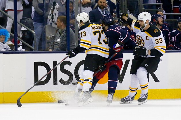 COLUMBUS, OH - MAY 6:  Charlie McAvoy #73 of the Boston Bruins checks Josh Anderson #77 of the Columbus Blue Jackets in the head during the second period in Game Six of the Eastern Conference Second Round during the 2019 NHL Stanley Cup Playoffs on May 6, 2019 at Nationwide Arena in Columbus, Ohio. McAvoy was called for an illegal check to the head. (Photo by Kirk Irwin/Getty Images)