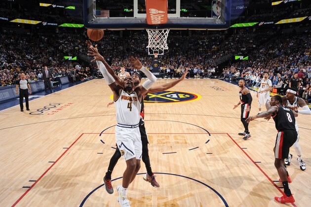 DENVER, CO - MAY 7: Paul Millsap #4 of the Denver Nuggets shoots the ball against the Portland Trail Blazers during Game Five of the Western Conference Semi-Finals of the 2019 NBA Playoffs on May 7, 2019 at the Pepsi Center in Denver, Colorado. NOTE TO USER: User expressly acknowledges and agrees that, by downloading and/or using this Photograph, user is consenting to the terms and conditions of the Getty Images License Agreement. Mandatory Copyright Notice: Copyright 2019 NBAE (Photo by Bart Young/NBAE via Getty Images)
