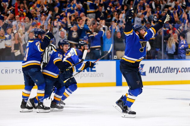 ST. LOUIS, MO - MAY 7: Pat Maroon #7 of the St. Louis Blues celebrates after scoring the game-winning goal in double overtime in Game Seven of the Western Conference Second Round during the 2019 NHL Stanley Cup Playoffs at the Enterprise Center on May 7, 2019 in St. Louis, Missouri. (Photo by Dilip Vishwanat/Getty Images)