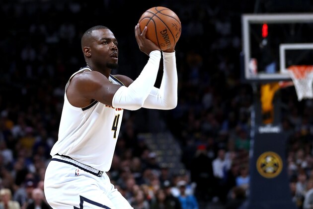 DENVER, COLORADO - MAY 07: Paul Millsap #4 of the Denver Nuggets puts up a shot against the Portland Trail Blazers in the first quarter during Game Five of the Western Conference Semi-Finals of the 2019 NBA Playoffs at the Pepsi Center on May 7, 2019 in Denver, Colorado. NOTE TO USER: User expressly acknowledges and agrees that, by downloading and or using this photograph, User is consenting to the terms and conditions of the Getty Images License Agreement.(Photo by Matthew Stockman/Getty Images)