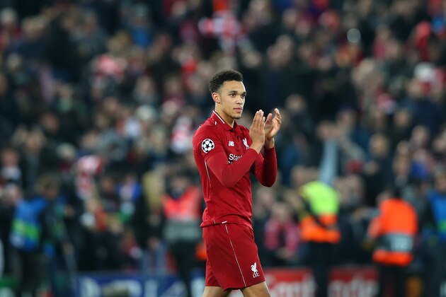 LIVERPOOL, ENGLAND - MAY 07:  Trent Alexander-Arnold of Liverpool applauds his support after the UEFA Champions League Semi Final second leg match between Liverpool and Barcelona at Anfield on May 07, 2019 in Liverpool, England. (Photo by Alex Livesey - Danehouse/Getty Images)
