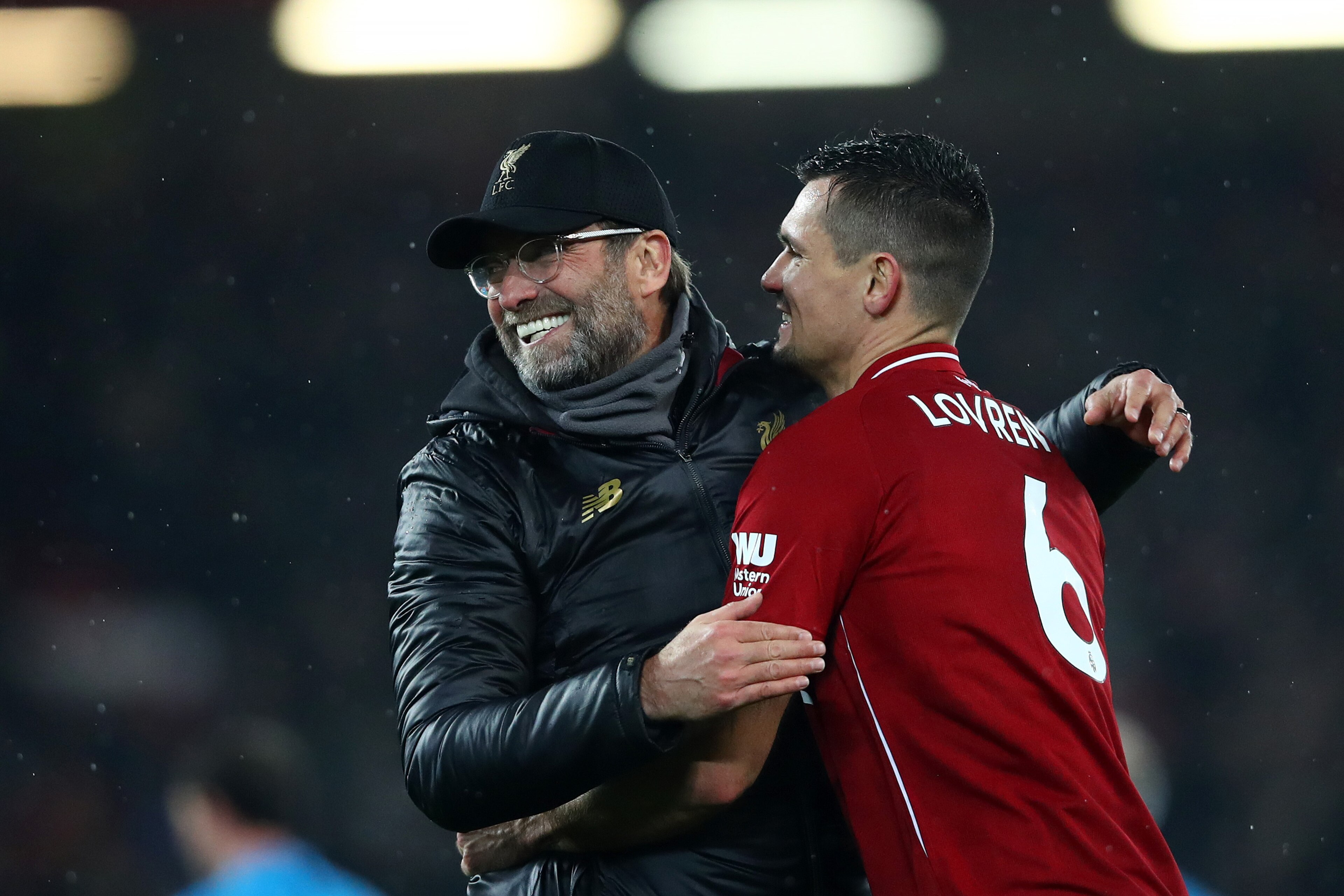 LIVERPOOL, ENGLAND - DECEMBER 16: Jurgen Klopp, Manager of Liverpool and Dejan Lovren of Liverpool celebrate following their sides victory in the Premier League match between Liverpool FC and Manchester United at Anfield on December 16, 2018 in Liverpool, United Kingdom. (Photo by Clive Brunskill/Getty Images) LIVERPOOL, ENGLAND - DECEMBER 16: Jurgen Klopp, Manager of Liverpool and Dejan Lovren of Liverpool celebrate following their sides victory in the Premier League match between Liverpool FC and Manchester United at Anfield on December 16, 2018 in Liverpool, United Kingdom. (Photo by Clive Brunskill/Getty Images)