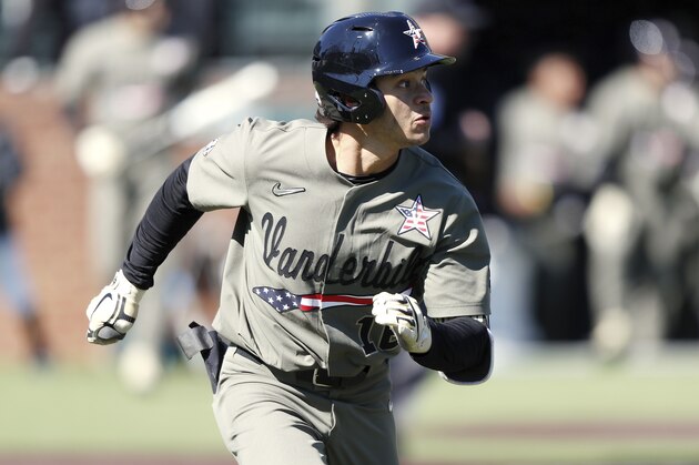 Vanderbilt's Austin Martin runs to first base during an NCAA college baseball game against Pepperdine, Sunday, Feb. 24, 2019, in Nashville, Tenn. (AP Photo/Wade Payne)