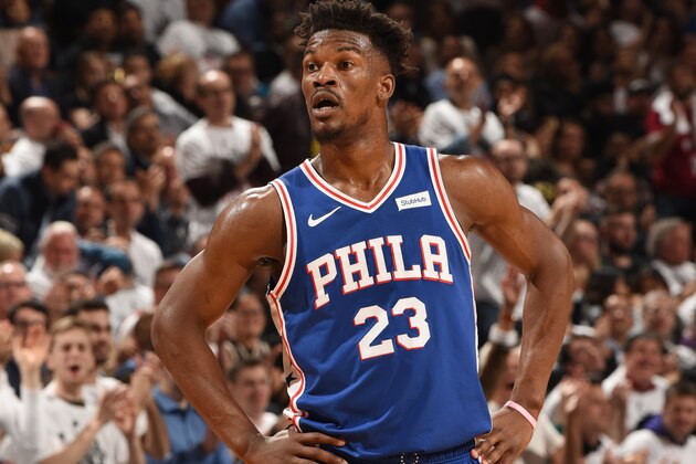 TORONTO, CANADA - MAY 7:  Jimmy Butler #23 of the Philadelphia 76ers looks on against the Toronto Raptors during Game Five of the Eastern Conference Semi-Finals of the 2019 NBA Playoffs on May 7, 2019 at the Scotiabank Arena in Toronto, Ontario, Canada.  NOTE TO USER: User expressly acknowledges and agrees that, by downloading and or using this Photograph, user is consenting to the terms and conditions of the Getty Images License Agreement.  Mandatory Copyright Notice: Copyright 2019 NBAE (Photo by Ron Turenne/NBAE via Getty Images)