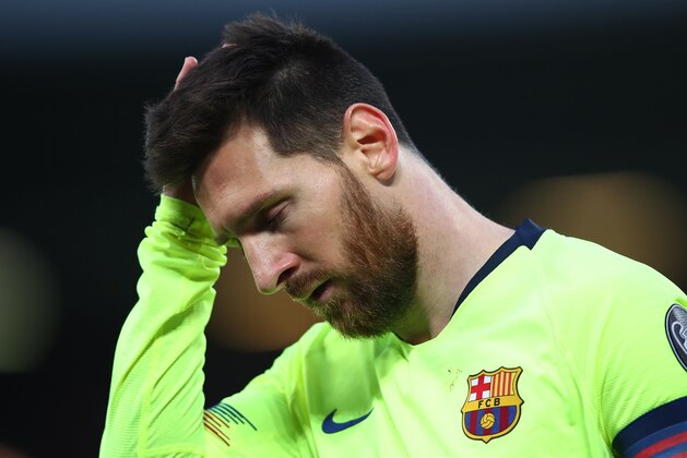 LIVERPOOL, ENGLAND - MAY 07:  Lionel Messi of Barcelona looks thoughtful during the UEFA Champions League Semi Final second leg match between Liverpool and Barcelona at Anfield on May 07, 2019 in Liverpool, England. (Photo by Clive Brunskill/Getty Images)