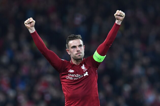Liverpool's English midfielder Jordan Henderson celebrates after winning the UEFA Champions league semi-final second leg football match between Liverpool and Barcelona at Anfield in Liverpool, north west England on May 7, 2019. (Photo by Paul ELLIS / AFP)        (Photo credit should read PAUL ELLIS/AFP/Getty Images)