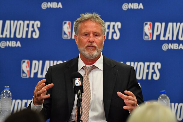 PHILADELPHIA, PA - MAY 2: Head Coach Brett Brown of the Philadelphia 76ers is interviewed at a press conference after a game against the Toronto Raptors after Game Three of the Eastern Conference Semifinals on May 2, 2019 at the Wells Fargo Center in Philadelphia, Pennsylvania NOTE TO USER: User expressly acknowledges and agrees that, by downloading and/or using this Photograph, user is consenting to the terms and conditions of the Getty Images License Agreement. Mandatory Copyright Notice: Copyright 2019 NBAE (Photo by Jesse D. Garrabrant/NBAE via Getty Images)