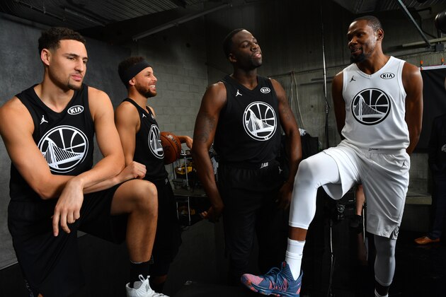 LOS ANGELES, CA - FEBRUARY 18:  Klay Thompson, Stephen Curry, Draymond Green and Kevin Durant of the Golden State Warriors pose for a portrait during the NBA All-Star Game as a part of 2018 NBA All-Star Weekend at STAPLES Center on February 18, 2018 in Los Angeles, California. NOTE TO USER: User expressly acknowledges and agrees that, by downloading and/or using this photograph, user is consenting to the terms and conditions of the Getty Images License Agreement.  Mandatory Copyright Notice: Copyright 2018 NBAE (Photo by Jesse D. Garrabrant/NBAE via Getty Images)