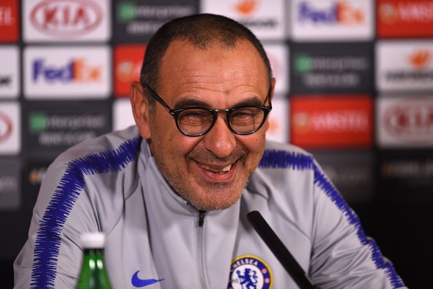COBHAM, ENGLAND - MAY 08:  Maurizio Sarri, Manager of Chelsea smiles during a Chelsea press conference on the eve of their UEFA Europa Leageu semi final against Eintracht Frankfurt at Chelsea Training Ground on May 08, 2019 in Cobham, England. (Photo by Harriet Lander/Getty Images)