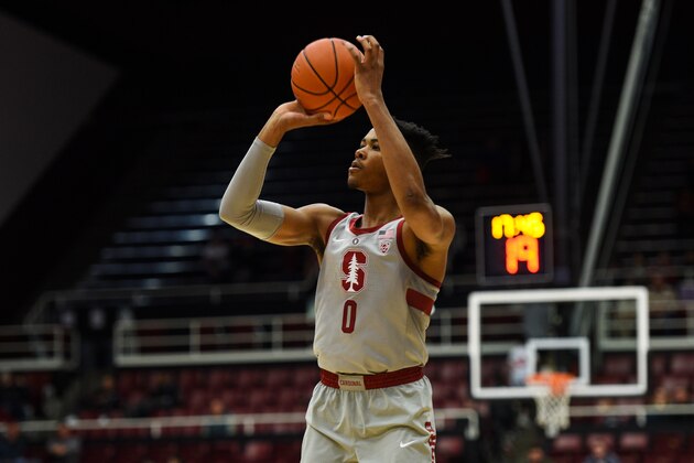 PALO ALTO, CA - FEBRUARY 28: KZ Okpala #0 of the Stanford Cardinal scores an open three against the Washington State Cougars during their game at Maples Pavilion on February 28, 2019 in Palo Alto, California. (Photo by Cody Glenn/Getty Images). (Photo by Cody Glenn/Getty Images)