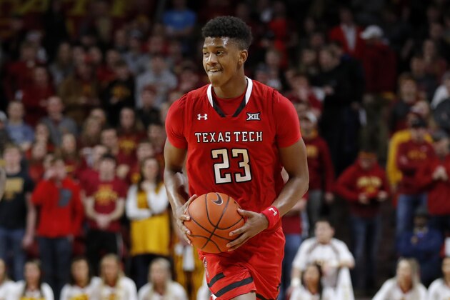 Texas Tech guard Jarrett Culver smiles at the end of an NCAA college basketball game against Iowa State, Saturday, March 9, 2019, in Ames, Iowa. Texas Tech won 80-73. (AP Photo/Charlie Neibergall)