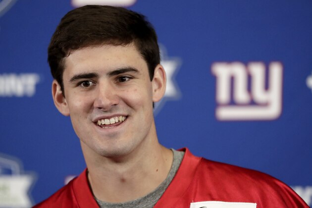Daniel Jones, the New York Giants No. 6 overall draft pick, talks to reporters during NFL football rookie camp, Friday, May 3, 2019, in East Rutherford, N.J. (AP Photo/Julio Cortez)