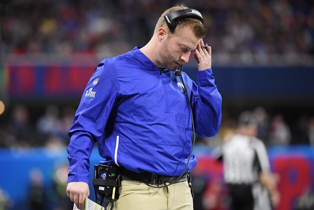 ATLANTA, GA - FEBRUARY 03:  Head Coach Sean McVay of the Los Angeles Rams reacts in the first half during Super Bowl LIII against the New England Patriots at Mercedes-Benz Stadium on February 3, 2019 in Atlanta, Georgia.  (Photo by Harry How/Getty Images)