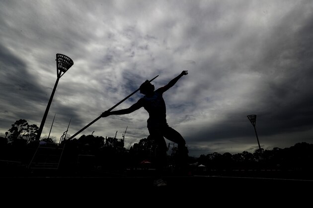 SYDNEY, AUSTRALIA - APRIL 04: Harrison Lucas of NSW competes in the U17 Mens Javelin during the Australian Track and Field Championships at Sydney Olympic Park Athletic Centre on April 04, 2019 in Sydney, Australia. (Photo by Mark Metcalfe/Getty Images)