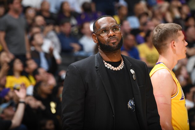 LOS ANGELES, CA - APRIL 9:  LeBron James #23 of the Los Angeles Lakers looks on against the Portland Trail Blazers on April 9, 2019 at STAPLES Center in Los Angeles, California. NOTE TO USER: User expressly acknowledges and agrees that, by downloading and/or using this Photograph, user is consenting to the terms and conditions of the Getty Images License Agreement. Mandatory Copyright Notice: Copyright 2019 NBAE (Photo by Andrew D. Bernstein/NBAE via Getty Images)