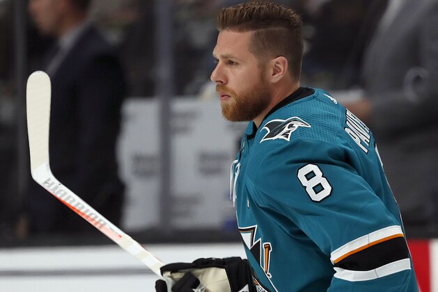 San Jose Sharks center Joe Pavelski (8) skates during warmups before Game 7 of an NHL hockey second-round playoff series between the Sharks and the Colorado Avalanche in San Jose, Calif., Wednesday, May 8, 2019. (AP Photo/Josie Lepe)
