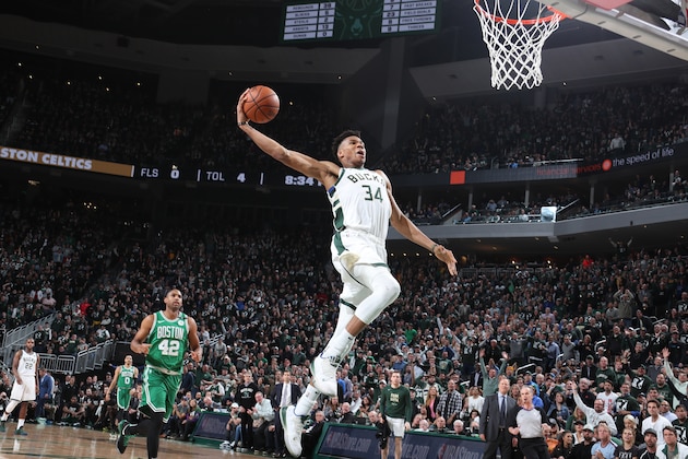 MILWAUKEE, WI - MAY 8:  Giannis Antetokounmpo #34 of the Milwaukee Bucks goes to the basket against the Boston Celtics during Game Five of the Eastern Conference Semifinals of the 2019 NBA Playoffs on May 8, 2019 at the Fiserv Forum in Milwaukee, Wisconsin. NOTE TO USER: User expressly acknowledges and agrees that, by downloading and/or using this photograph, user is consenting to the terms and conditions of the Getty Images License Agreement. Mandatory Copyright Notice: Copyright 2019 NBAE (Photo by Nathaniel S. Butler/NBAE via Getty Images)