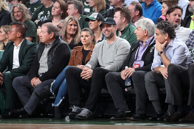 MILWAUKEE, WI - APRIL 17: Danica Patrick and Aaron Rodgers attend Game Two of Round One of the 2019 NBA Playoffs between the Detroit Pistons and the Milwaukee Bucks on April 17, 2019 at the Fiserv Forum in Milwaukee, Wisconsin. NOTE TO USER: User expressly acknowledges and agrees that, by downloading and/or using this photograph, user is consenting to the terms and conditions of the Getty Images License Agreement. Mandatory Copyright Notice: Copyright 2019 NBAE (Photo by Nathaniel S. Butler/NBAE via Getty Images)