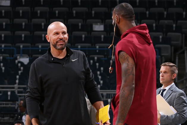Milwaukee, WI - OCTOBER 20:  Jason Kidd of the Milwaukee Bucks and LeBron James #23 of the Cleveland Cavaliers talk before the game on October 20, 2017 at the BMO Harris Bradley Center in Milwaukee, Wisconsin. NOTE TO USER: User expressly acknowledges and agrees that, by downloading and or using this Photograph, user is consenting to the terms and conditions of the Getty Images License Agreement. Mandatory Copyright Notice: Copyright 2017 NBAE (Photo by Gary Dineen/NBAE via Getty Images)