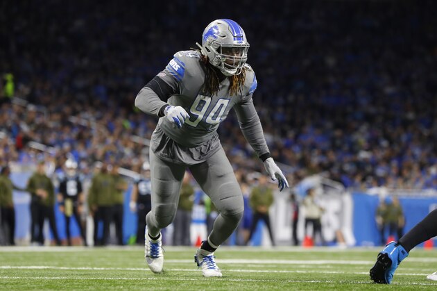 Detroit Lions defensive end Ezekiel Ansah plays against the Carolina Panthers during an NFL football game in Detroit, Sunday, Nov. 18, 2018. (AP Photo/Paul Sancya)
