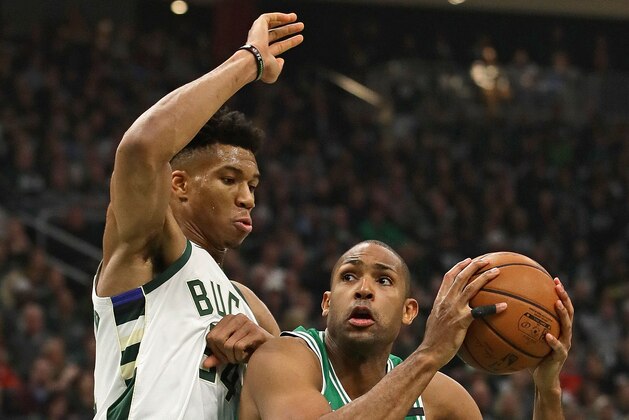 Al Horford #42 of the Boston Celtics
tries to move against Giannis Antetokounmpo #34 of the Milwaukee Bucks at Fiserv Forum on May 08, 2019 in Milwaukee, Wisconsin. NOTE TO USER: User expressly acknowledges and agrees that, by downloading and or using this photograph, User is consenting to the terms and conditions of the Getty Images License Agreement. (Photo by Jonathan Daniel/Getty Images)