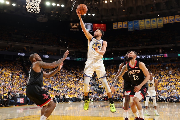 OAKLAND, CA - MAY 8: Stephen Curry #30 of the Golden State Warriors goes to the basket against the Houston Rockets during Game Five of the Western Conference Semifinals of the 2019 NBA Playoffs on May 8, 2019 at ORACLE Arena in Oakland, California. NOTE TO USER: User expressly acknowledges and agrees that, by downloading and/or using this photograph, user is consenting to the terms and conditions of Getty Images License Agreement. Mandatory Copyright Notice: Copyright 2019 NBAE (Photo by Joe Murphy/NBAE via Getty Images)
