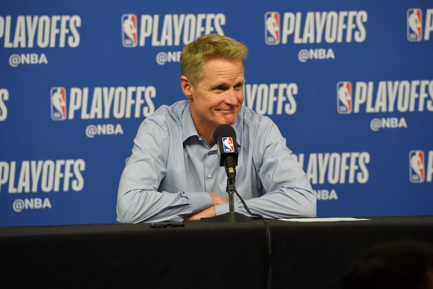 HOUSTON, TX - MAY 6:  Head Coach Steve Kerr speaks with the media after Game Four of the Western Conference Semifinals of the 2019 NBA Playoffs against the Houston Rockets on May 6, 2019 at the Toyota Center in Houston, Texas. NOTE TO USER: User expressly acknowledges and agrees that, by downloading and/or using this photograph, user is consenting to the terms and conditions of the Getty Images License Agreement. Mandatory Copyright Notice: Copyright 2019 NBAE (Photo by Bill Baptist/NBAE via Getty Images)