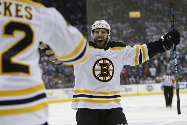 Boston Bruins' David Krejci, of the Czech Republic, celebrates a goal against the Columbus Blue Jackets during the third period of Game 6 of an NHL hockey second-round playoff series Monday, May 6, 2019, in Columbus, Ohio. (AP Photo/Jay LaPrete)