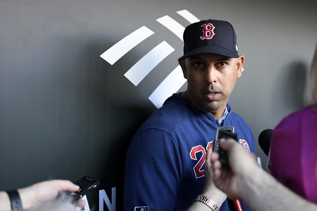 Boston Red Sox manager Alex Cora talks to reporters before a baseball game against the Baltimore Orioles, Monday, May 6, 2019, in Baltimore. (AP Photo/Nick Wass)
