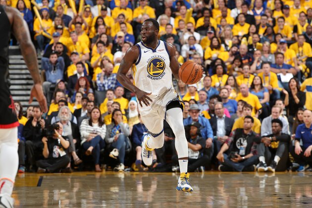 OAKLAND, CA - MAY 8: Draymond Green #23 of the Golden State Warriors handles the ball against the Houston Rockets during Game Five of the Western Conference Semifinals of the 2019 NBA Playoffs on May 8, 2019 at ORACLE Arena in Oakland, California. NOTE TO USER: User expressly acknowledges and agrees that, by downloading and/or using this photograph, user is consenting to the terms and conditions of Getty Images License Agreement. Mandatory Copyright Notice: Copyright 2019 NBAE (Photo by Joe Murphy/NBAE via Getty Images)