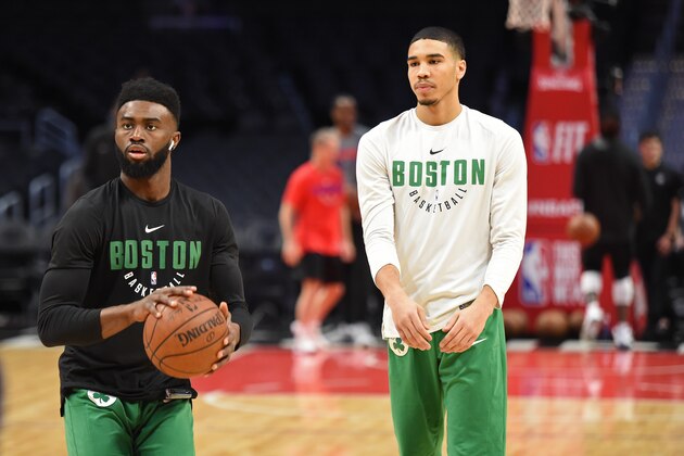 LOS ANGELES, CA - JANUARY 24:  Jaylen Brown #7 of the Boston Celtics and Jayson Tatum #0 of the Boston Celtics warmup before the game against the LA Clippers on January 24, 2018 at STAPLES Center in Los Angeles, California. NOTE TO USER: User expressly acknowledges and agrees that, by downloading and/or using this Photograph, user is consenting to the terms and conditions of the Getty Images License Agreement. Mandatory Copyright Notice: Copyright 2018 NBAE (Photo by Adam Pantozzi/NBAE via Getty Images)