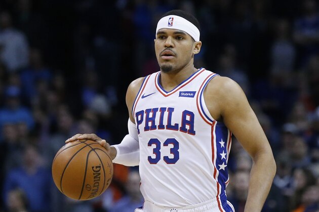 Philadelphia 76ers forward Tobias Harris (33) during an NBA basketball game against the Oklahoma City Thunder Thursday, Feb. 28, 2019, in Oklahoma City. (AP Photo/Sue Ogrocki)