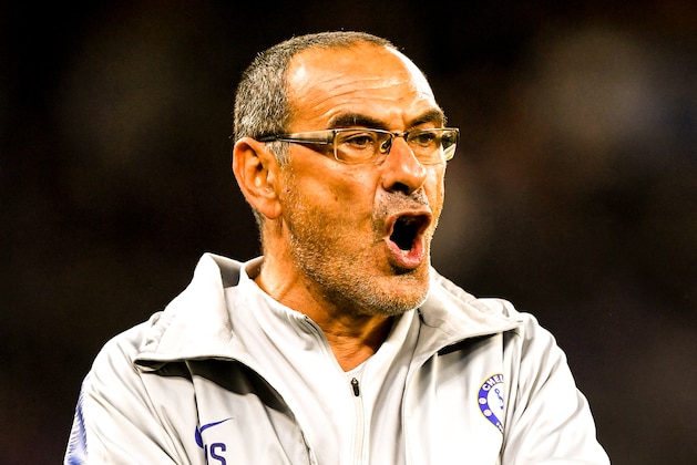 Chelsea's Italian head coach Maurizio Sarri (C) reacts during the English Premier League football match between Chelsea and Watford at Stamford Bridge in London on May 5, 2019. (Photo by Ben STANSALL / AFP) / RESTRICTED TO EDITORIAL USE. No use with unauthorized audio, video, data, fixture lists, club/league logos or 'live' services. Online in-match use limited to 120 images. An additional 40 images may be used in extra time. No video emulation. Social media in-match use limited to 120 images. An additional 40 images may be used in extra time. No use in betting publications, games or single club/league/player publications. / (Photo credit should read BEN STANSALL/AFP/Getty Images) Chelsea's Italian head coach Maurizio Sarri (C) reacts during the English Premier League football match between Chelsea and Watford at Stamford Bridge in London on May 5, 2019. (Photo by Ben STANSALL / AFP) / RESTRICTED TO EDITORIAL USE. No use with unauthorized audio, video, data, fixture lists, club/league logos or 'live' services. Online in-match use limited to 120 images. An additional 40 images may be used in extra time. No video emulation. Social media in-match use limited to 120 images. An additional 40 images may be used in extra time. No use in betting publications, games or single club/league/player publications. / (Photo credit should read BEN STANSALL/AFP/Getty Images)