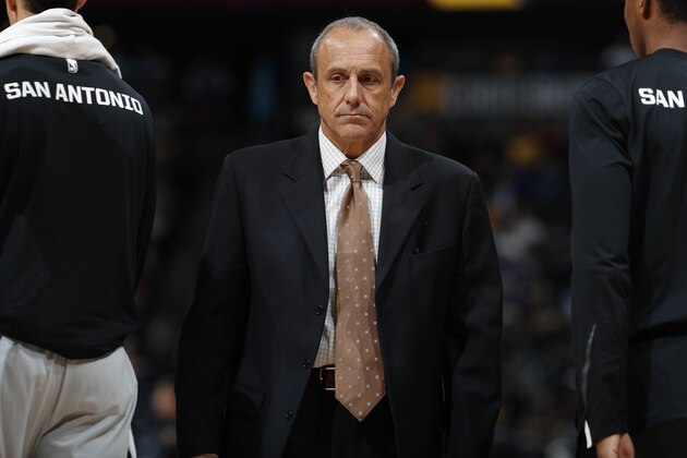 San Antonio Spurs assistant coach Ettore Messina in the first half of an NBA basketball game Wednesday, April 3, 2019, in Denver. (AP Photo/David Zalubowski)