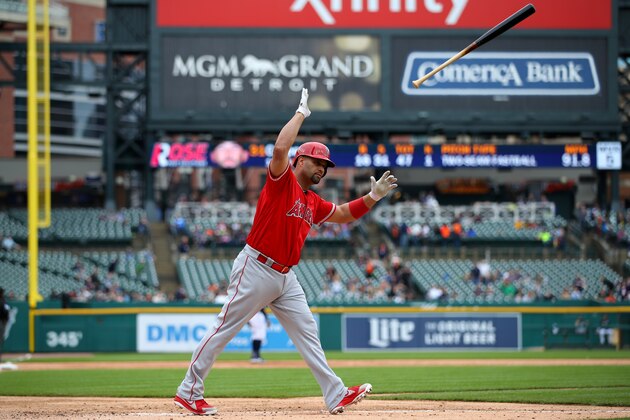 DETROIT, MICHIGAN - MAY 09: Albert Pujols #5 of the Los Angeles Angels reacts to his third inning solo home run to reach 2000 career RBI's while playing the Detroit Tigers at Comerica Park on May 09, 2019 in Detroit, Michigan. (Photo by Gregory Shamus/Getty Images)