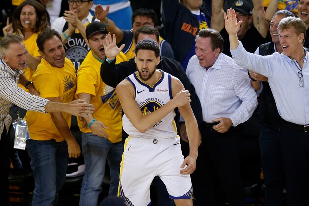 OAKLAND, CALIFORNIA - MAY 08: Klay Thompson #11 of the Golden State Warriors celebrates with fans during Game Five of the Western Conference Semifinals of the 2019 NBA Playoffs against the Houston Rockets at ORACLE Arena on May 08, 2019 in Oakland, California. NOTE TO USER: User expressly acknowledges and agrees that, by downloading and or using this photograph, User is consenting to the terms and conditions of the Getty Images License Agreement. (Photo by Lachlan Cunningham/Getty Images)