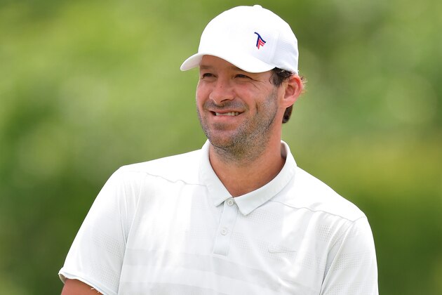 IRVING, TEXAS - MAY 07: Tony Romo of USA watches a shot during practice prior to the start of the AT&T Byron Nelson on May 07, 2019 in Irving, Texas. (Photo by Stuart Franklin/Getty Images)