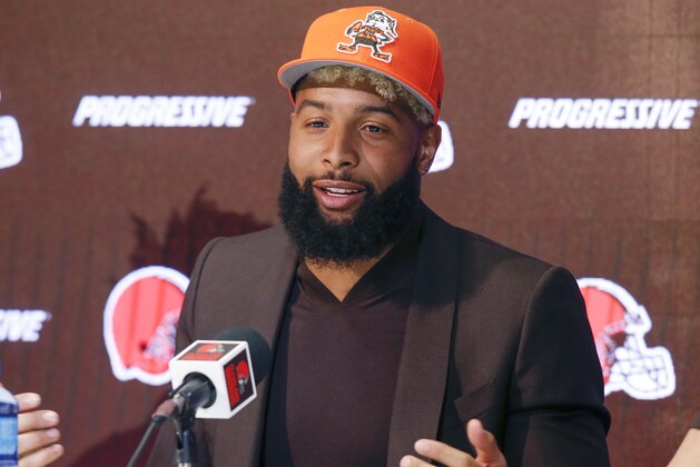 In this April 1, 2019 photo Cleveland Browns' Odell Beckham answers questions during a news conference in Berea, Ohio. Browns coach Freddie Kitchens says he’s not upset with star receiver Odell Beckham’s absence from the team’s voluntary offseason workout program. (AP Photo/Ron Schwane)