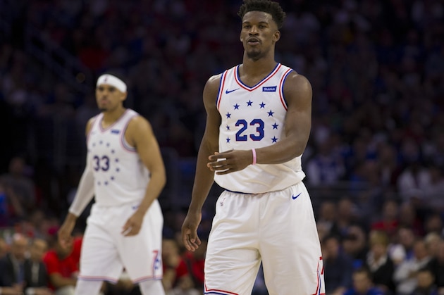 PHILADELPHIA, PA - MAY 05: Jimmy Butler #23 and Tobias Harris #33 of the Philadelphia 76ers look on against the Toronto Raptors in Game Four of the Eastern Conference Semifinals at the Wells Fargo Center on May 5, 2019 in Philadelphia, Pennsylvania. The Raptors defeated the 76ers 101-96. NOTE TO USER: User expressly acknowledges and agrees that, by downloading and or using this photograph, User is consenting to the terms and conditions of the Getty Images License Agreement. (Photo by Mitchell Leff/Getty Images)
