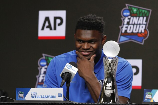 Duke freshman Zion Williamson answers questions at a news conference where he was awarded the Associated Press men's college basketball player of the year award at the Final Four NCAA college basketball tournament, Friday, April 5, 2019, in Minneapolis. (AP Photo/Charlie Neibergall)