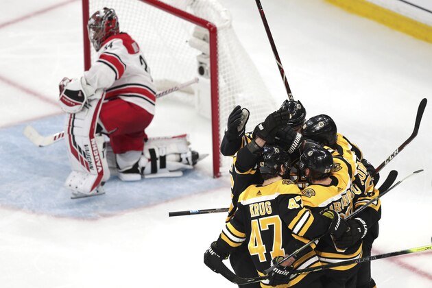 Boston Bruins' Marcus Johansson is surrounded by teammates after his goal against Carolina Hurricanes goaltender Petr Mrazek (34), of the Czech Republic, during the third period in Game 1 of the NHL hockey Stanley Cup Eastern Conference finals Thursday, May 9, 2019, in Boston. (AP Photo/Charles Krupa)