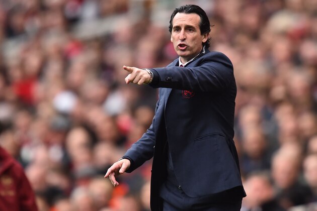 Arsenal's Spanish head coach Unai Emery gestures on the touchline during the English Premier League football match between Arsenal and Brighton and Hove Albion at the Emirates Stadium in London on May 5, 2019. (Photo by Glyn KIRK / AFP) / RESTRICTED TO EDITORIAL USE. No use with unauthorized audio, video, data, fixture lists, club/league logos or 'live' services. Online in-match use limited to 120 images. An additional 40 images may be used in extra time. No video emulation. Social media in-match use limited to 120 images. An additional 40 images may be used in extra time. No use in betting publications, games or single club/league/player publications. /         (Photo credit should read GLYN KIRK/AFP/Getty Images)