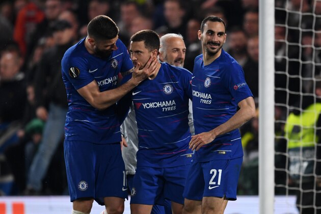 LONDON, ENGLAND - MAY 09: Enden Hazard of Chelsea celebrates scoring the winning goal during the penalty shoot out in the UEFA Europa League Semi Final Second Leg match between Chelsea and Eintracht Frankfurt at Stamford Bridge on May 09, 2019 in London, England. (Photo by Etsuo Hara/Getty Images)